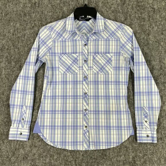 UNDER ARMOUR SHIRT WOMENS S BLUE PLAID BLOUSE LOOSE FIT COLLAR BUSINESS CASUAL - Picture 1 of 7